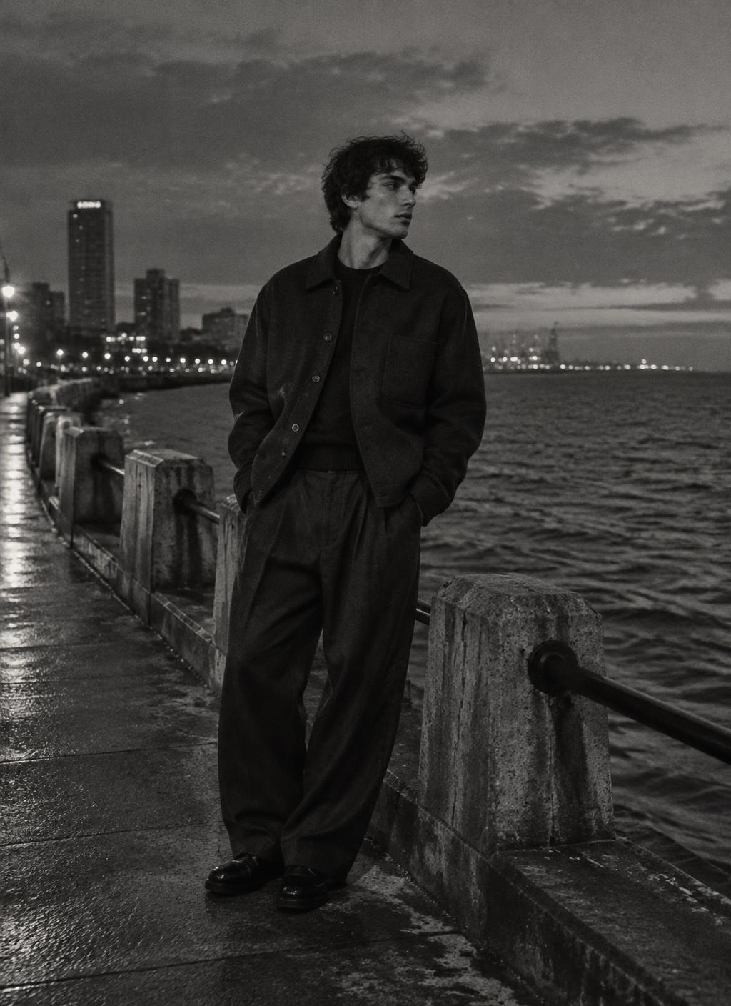 Camisa sobretodo Ben T Beo en la costanera al atardecer